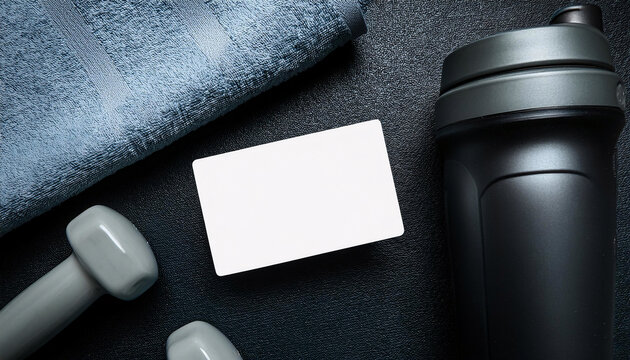 Business card mock up arranged on flat lay featuring gym towel, dumbbells, and a water bottle in a fitness setting