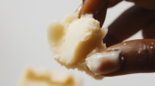 Realistic close-up of shea butter being applied to the skin with a hand on a white background, showcasing its rich, moisturizing texture and smooth application