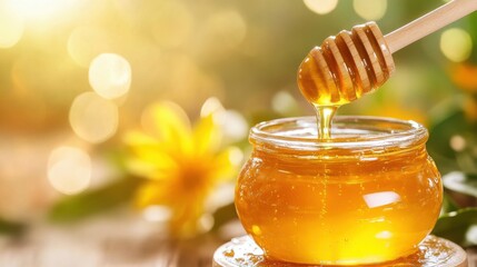 A jar of honey is poured into a bowl