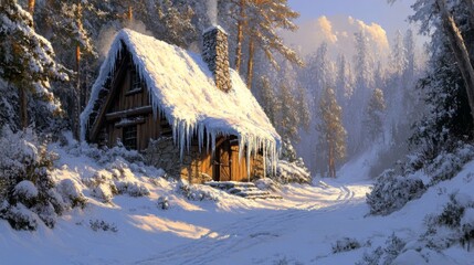 A Snow-Covered Cabin in a Winter Forest