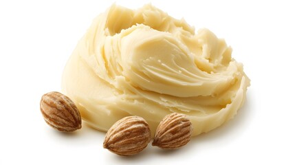 Realistic spread of shea butter on a white background, emphasizing its creamy, smooth consistency and soft texture