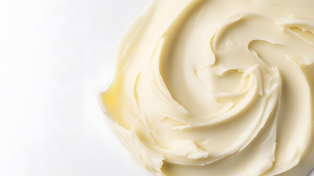 Realistic spread of shea butter on a white background, emphasizing its creamy, smooth consistency and soft texture