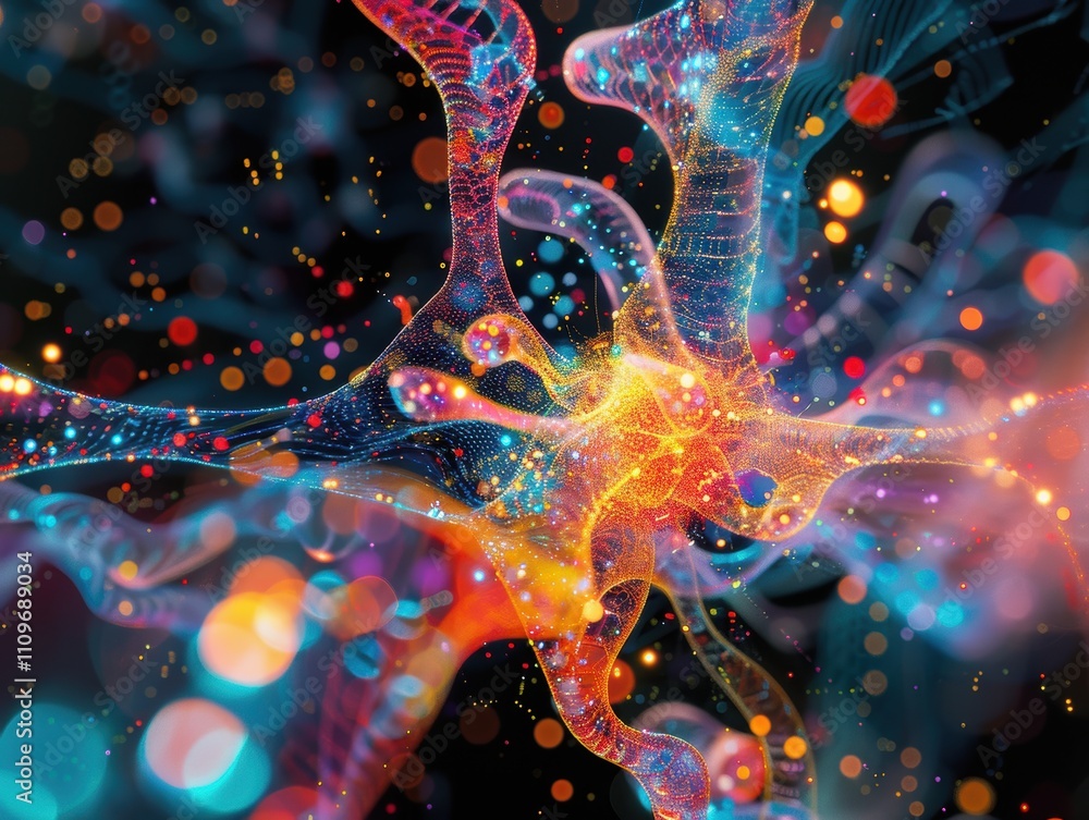 Poster abstract representation of neural connections and synapses in vibrant colors.