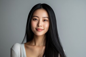 Naklejka premium Portrait of charming asian woman with silky long straight hair