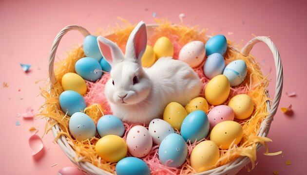 Surtido de coloridos huevos de Pascua en tonos pastel de rosa, amarillo, azul y blanco