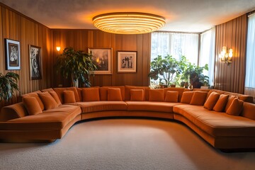 70s living room with a large orange couch warm lig.