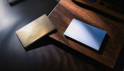 Mock up showcasing glossy and matte business cards on a wooden surface with ample copy space for branding or contact details