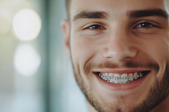 Young man with modern braces on teeth, dental care concept