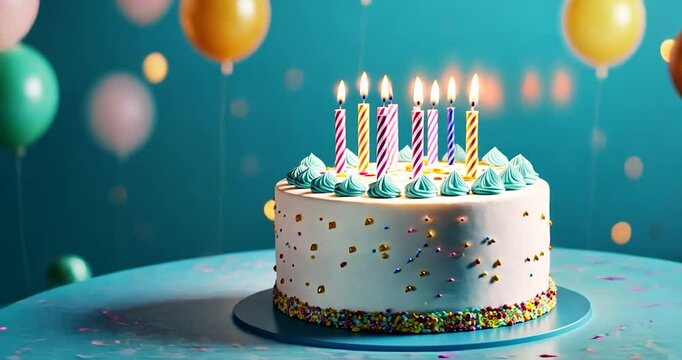 3D illustration of a birthday cake Spinning round with candles on a blue background