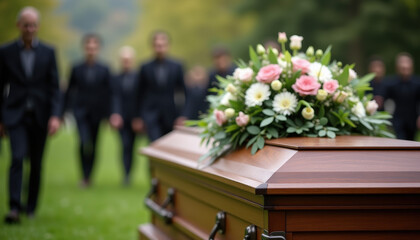 Casket adorned with flowers at a cemetery, where families come together to share a moment of grief and remembrance in a tranquil outdoor environment.