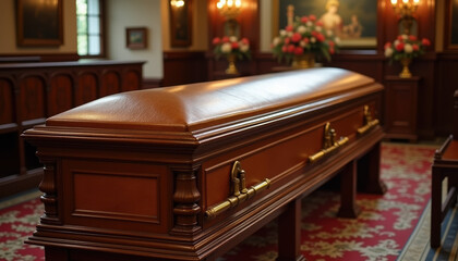 Ornate wooden casket adorned with funeral flowers in an elegant church setting during a somber service.