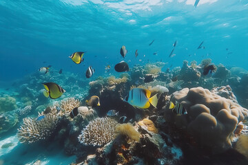 Vibrant Coral Reef Scene with Exotic Fish in Clear Tropical Waters