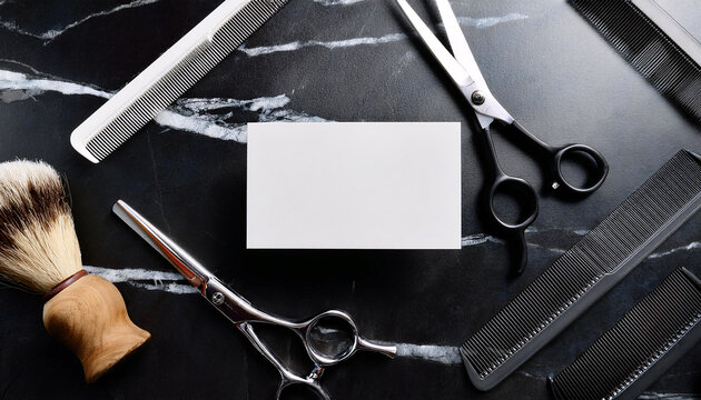 Business card mock up for a hair stylist displayed on a marble countertop with grooming tools arranged around it