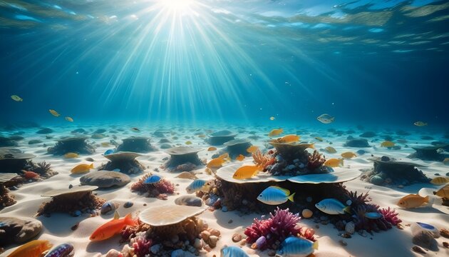 Una escena submarina con la luz del sol fluyendo a trav&eacute;s del agua azul clara, iluminando el fondo arenoso con patrones ondulados