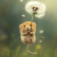 Curious little mouse flying on dandelion against blurred nature background