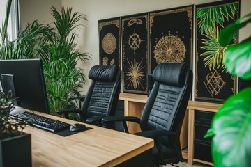 Minimalist office space featuring esoteric diagrams and lush greenery for an inspiring work environment