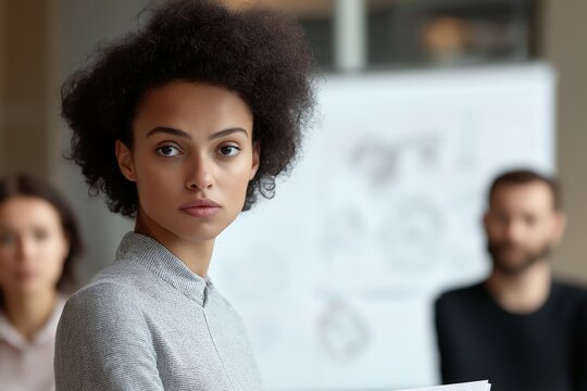Female pilot in training engages in learning with aviation diagrams in a classroom setting