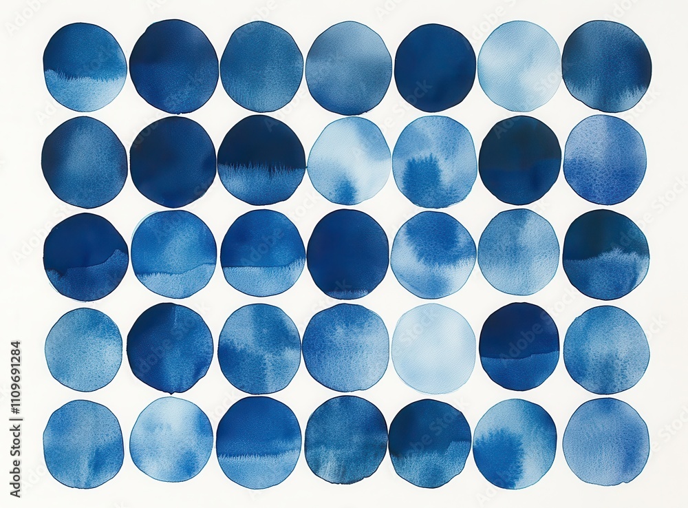 Poster abstract watercolor circles in various shades of blue arranged in a seamless pattern creating a calm