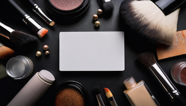 Mockup for a professional makeup artist business card on a dark backdrop surrounded by vibrant makeup tools - Powered by Adobe