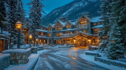 A Snowy Lodge in the Mountainside, Illuminated by Warm Lights