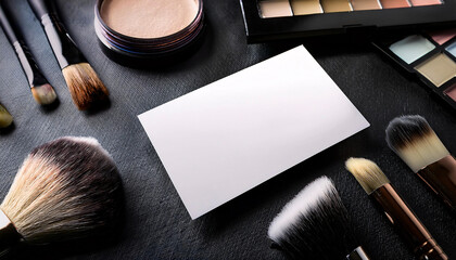 Business card mock-up elegantly displayed among makeup brushes and vibrant palettes in a creative workspace