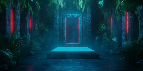 Mysterious room with neon lights and lush greenery.