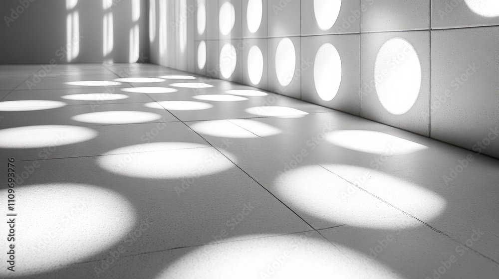 Poster bright light patterns on a white floor with circular shadows and geometric shapes creating an artist