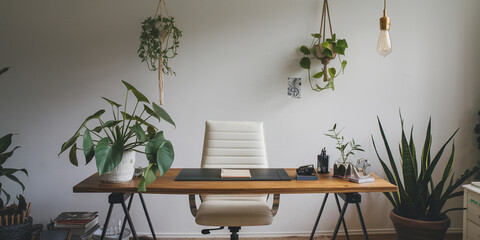 Modern workspace featuring a wooden desk with plants and minimalistic decor for a calm and inspiring atmosphere