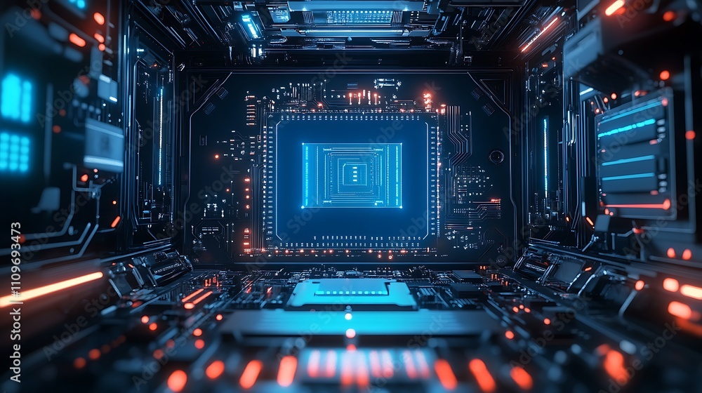 Wall mural blue circuit board pattern on digital computer screen picture