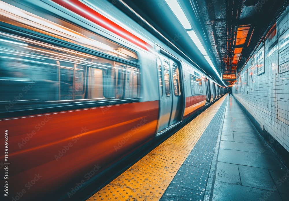 Poster dynamic motion of subway train in urban environment captured in long exposure, showcasing busy commu