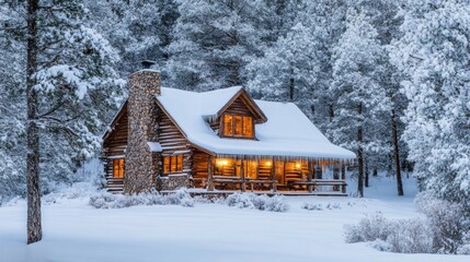 Cozy Log Cabin in a Snow-Covered Forest