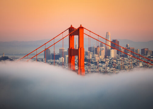 San Francisco - Golden Gate Bridge at Sunset with City in Background