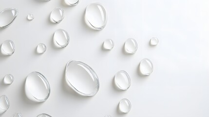 Realistic spread of hyaluronic acid droplets on a white background, emphasizing its clear, gel-like consistency and glossy sheen with precise detailing