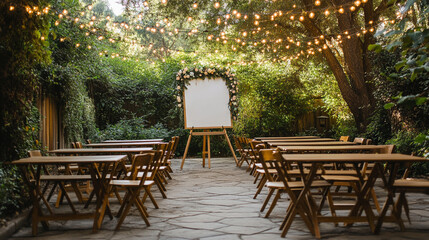 Obraz premium Outdoor Wedding Reception Garden Party Blank Sign String Lights Wooden Tables and Chai