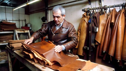 Fototapeta premium Leather craftsman working in workshop, arranging hides on table, skilled craftsmanship