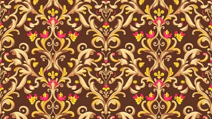 Fototapeta premium Wallpaper baroque, damask. Stylish graphic pattern. Floral pattern. Seamless raster background. Golden elements on brown, pink and yellow colors.