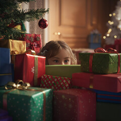 Infante asomado escondido entre una pila de regalos en ambiente cálido navideño. 