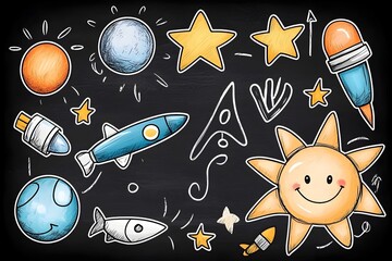 Chalkboard Background with Hand Drawn Doodles for Educational and Playful Themes