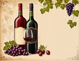 Vintage Wine Bottle with Grapes and fruits Illustration Elegance, menu cover	