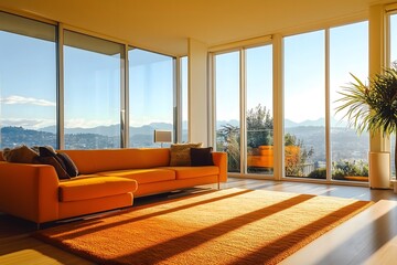 A photo of an orange mid-century modern living room.