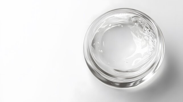 Realistic close-up of hyaluronic acid in a small glass jar with a lid on a white background, focusing on the serum's clear texture and smooth surface