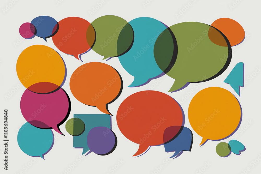 Poster colorful speech bubbles in various sizes and colors on a light background showing diverse conversati