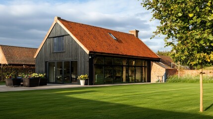 Modern barn conversion with large glass windows, patio, and green lawn.