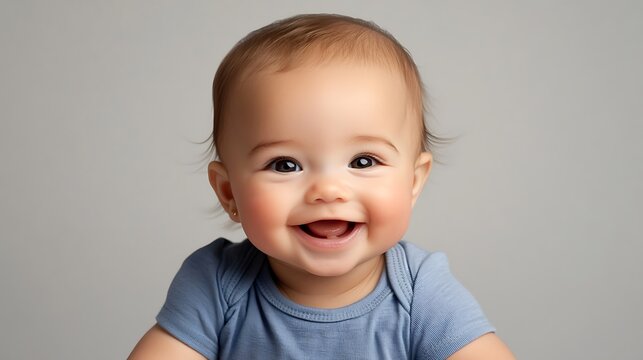 Brightly smiling baby girl, t-shirt-wearing, in a studio setting with a pure white background, detailed HD portrait