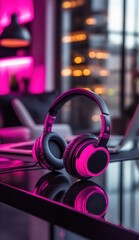 Black headphones with pink accents on reflective glass surface