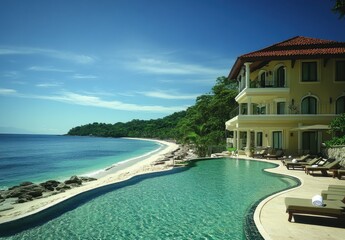 Fototapeta premium Serene coastal villa with infinity pool overlooking tranquil beach and clear blue waters, surrounded by lush greenery and stunning tropical landscape