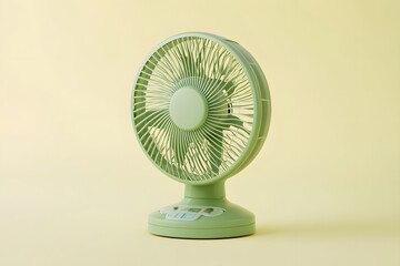 Realistic green portable fan with adjustable speed on a light yellow background