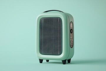 Realistic green portable heater with digital controls on a pale blue background