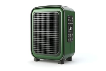 Fototapeta premium Realistic green portable heater with digital controls on clean white background