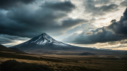 Majestic snow-capped mountain under dramatic stormy sky, moody landscape with golden sunrays